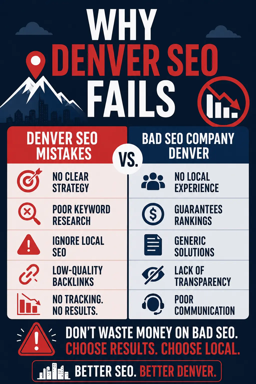 Diagnostic infographic showing the seven failure modes of Denver SEO with red flags and recovery paths